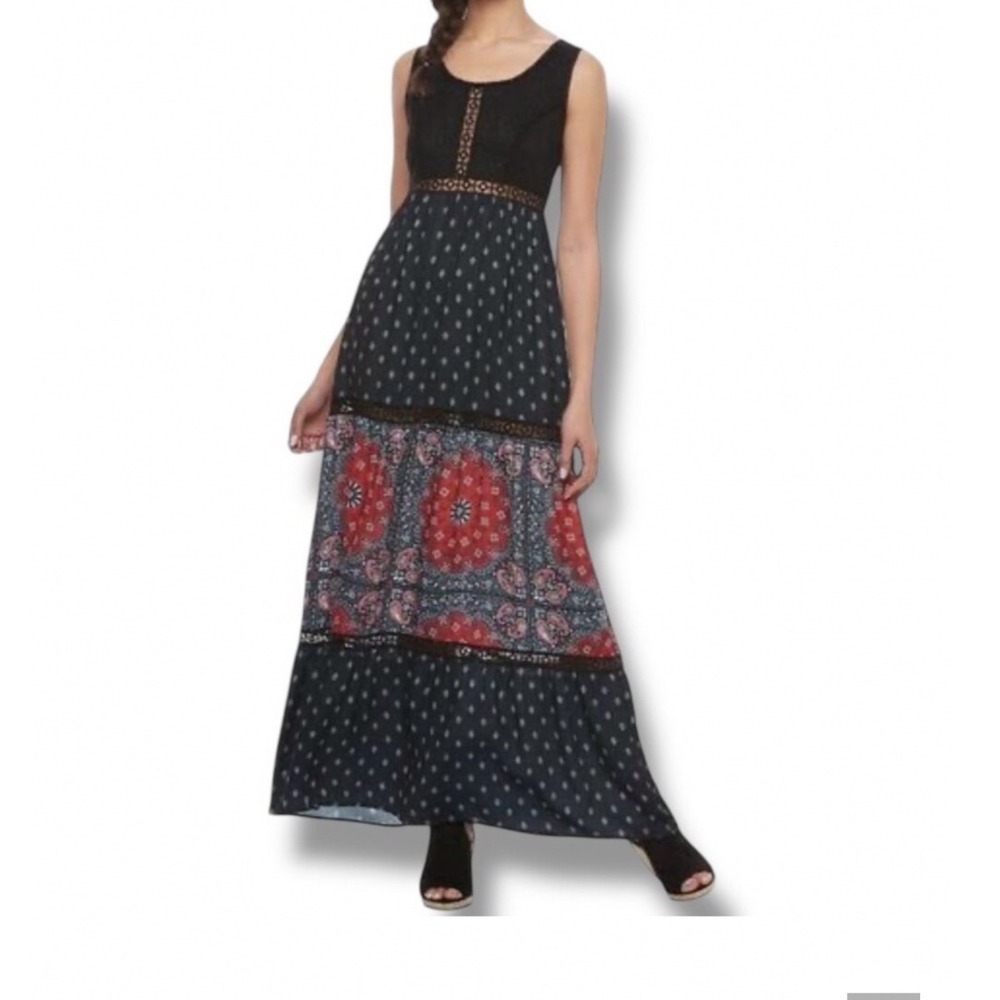 Disney M Pirates of the Caribbean Lace Tiered Maxi Dress Boho Black Red Paisley